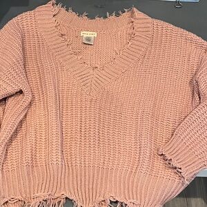 Main Strip Pink Frayed V-Neck Sweater
